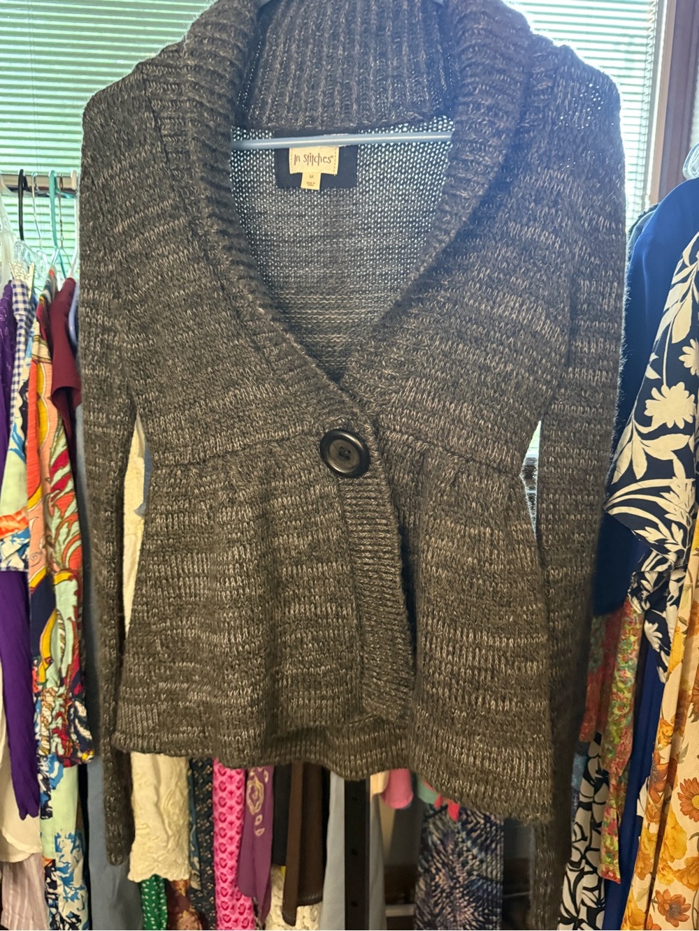 Stitches Charcoal Gray Shawl-Collar Button Peplum Cardigan